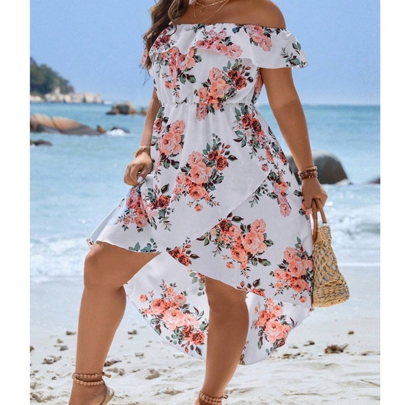 Plus Floral Print Off Shoulder High Low Dress - Picture 1 of 10